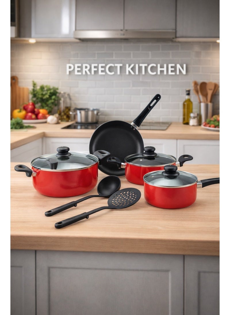 PERFECT KITCHEN 7-PCS Non-Stick Cookware Set + 2 Kitchen Tools, Red & Black – 3 Casseroles + Sauce Pan + 3 Glass Lids, Induction Compatible Pots & Pans Set (20cm Casserole, 24cm Casserole, 18cm Sauce Pan) - Image 2